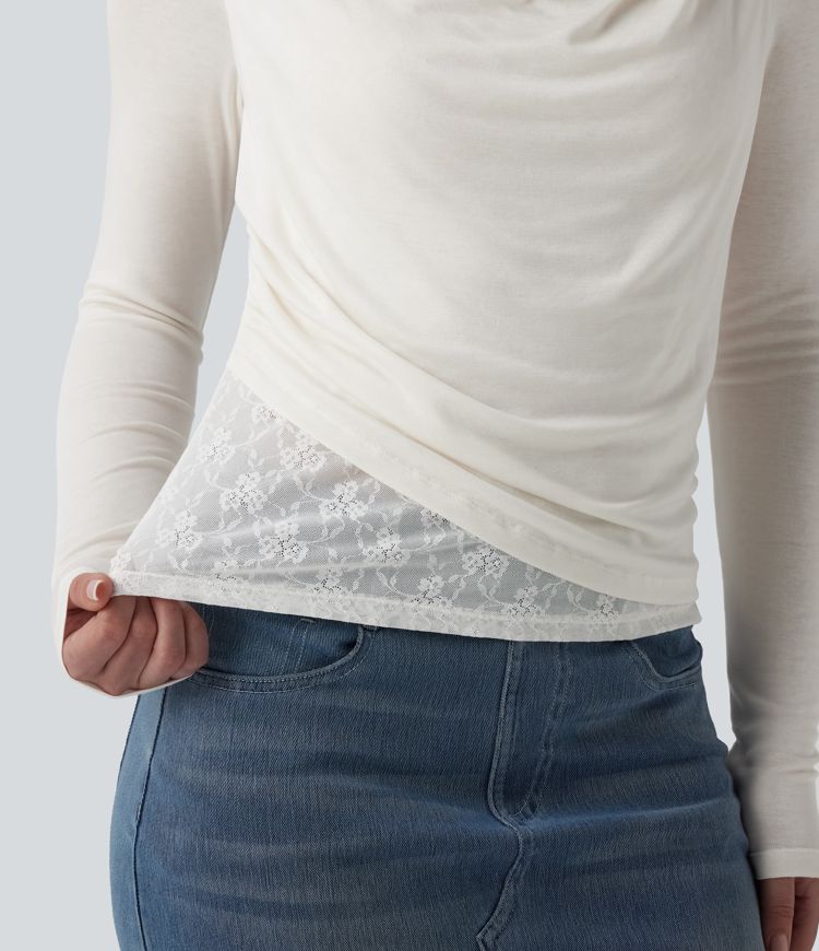 Ribbed Knit Cowl Neck Long Sleeve Contrast Lace Casual Top