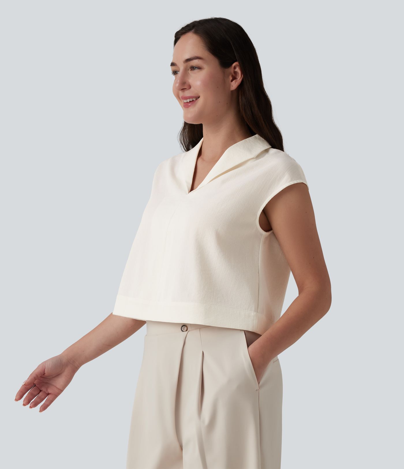 Cap Sleeve Casual Linen-Feel Shirt Cap Sleeve Casual Linen-Feel Shirt