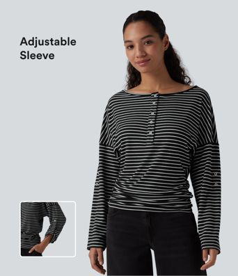 Henley Neck Long Sleeve Stripe Casual Top