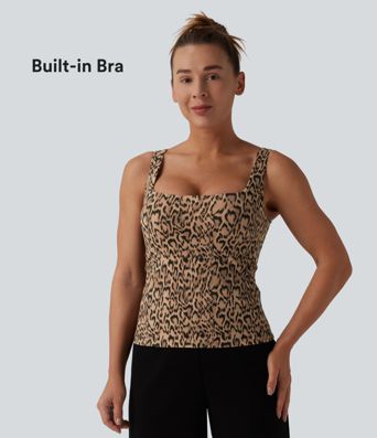 Halara UltraSculpt™ top de yoga sin mangas con escote cuadrado y estampado de leopardo