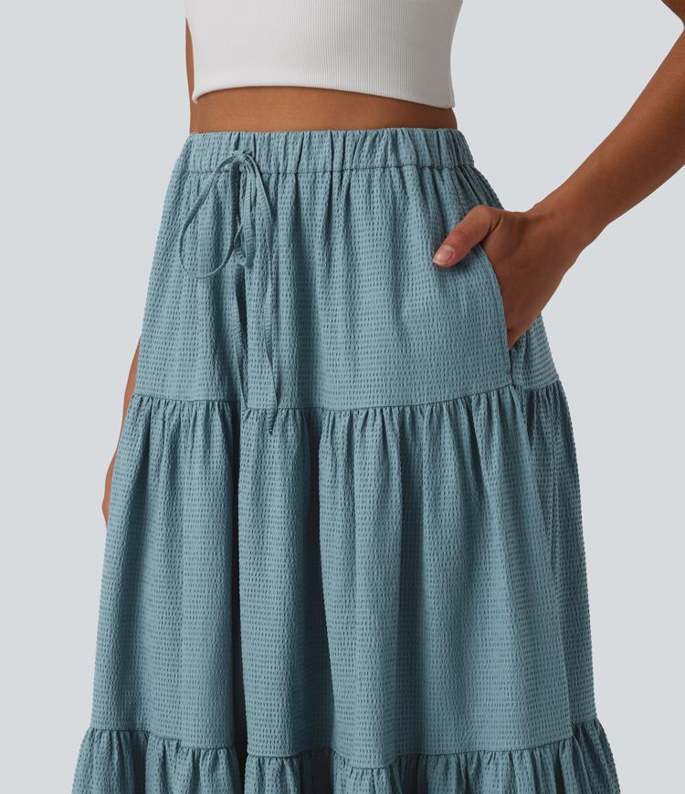 High Waisted Drawstring Flowy Maxi Skirt with Pocket