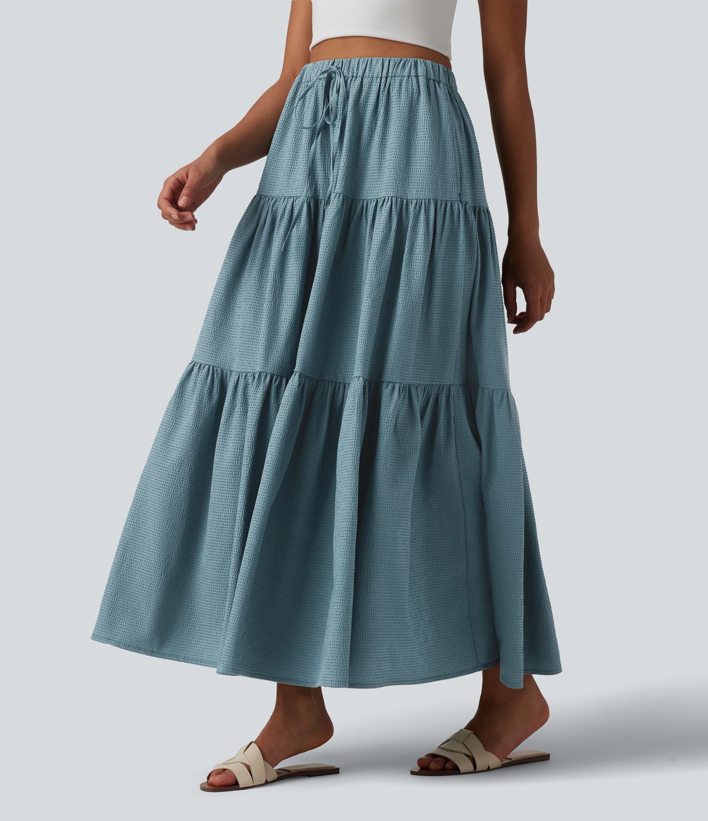 High Waisted Drawstring Flowy Maxi Skirt with Pocket