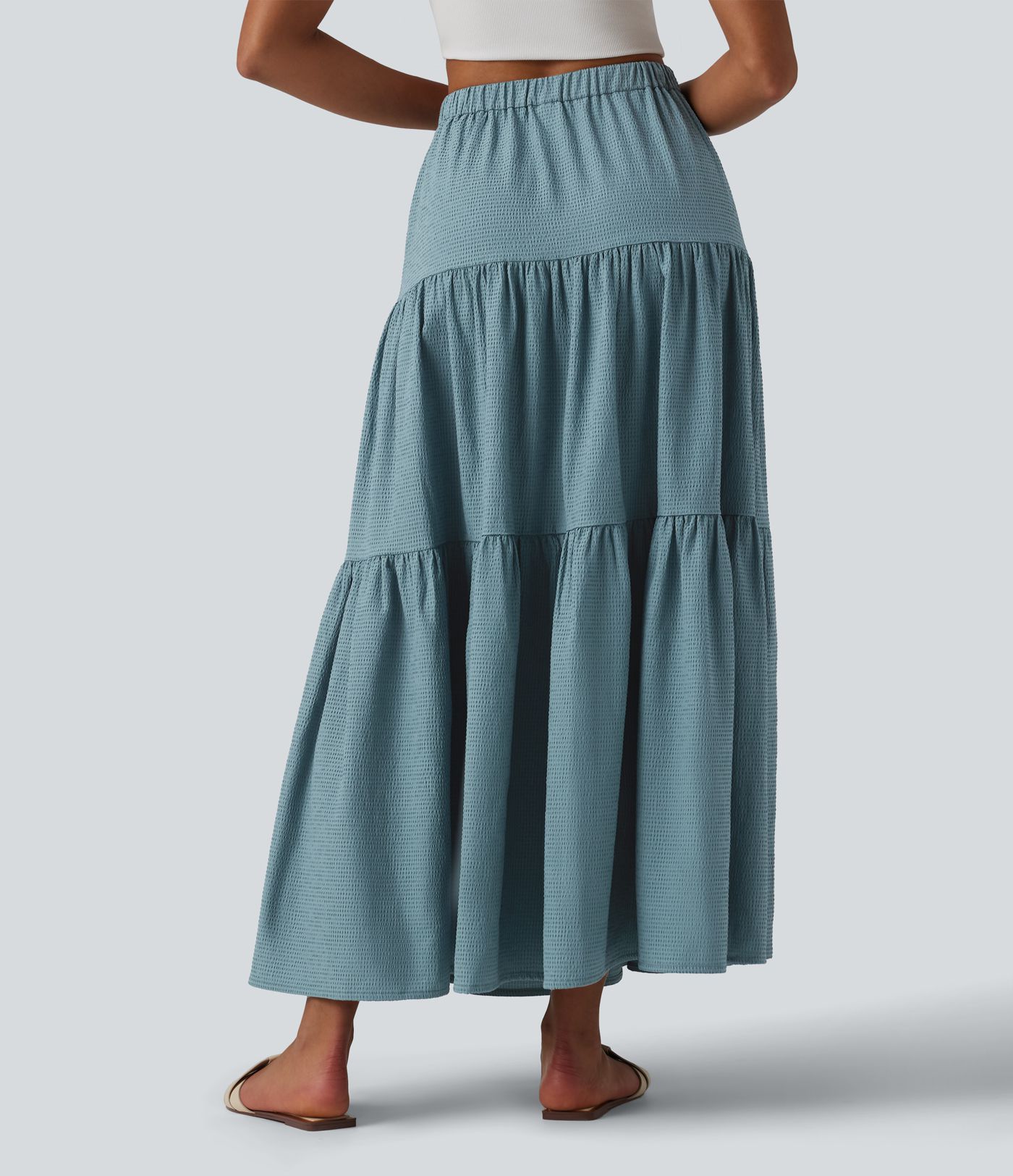 High Waisted Drawstring Flowy Maxi Skirt with Pocket