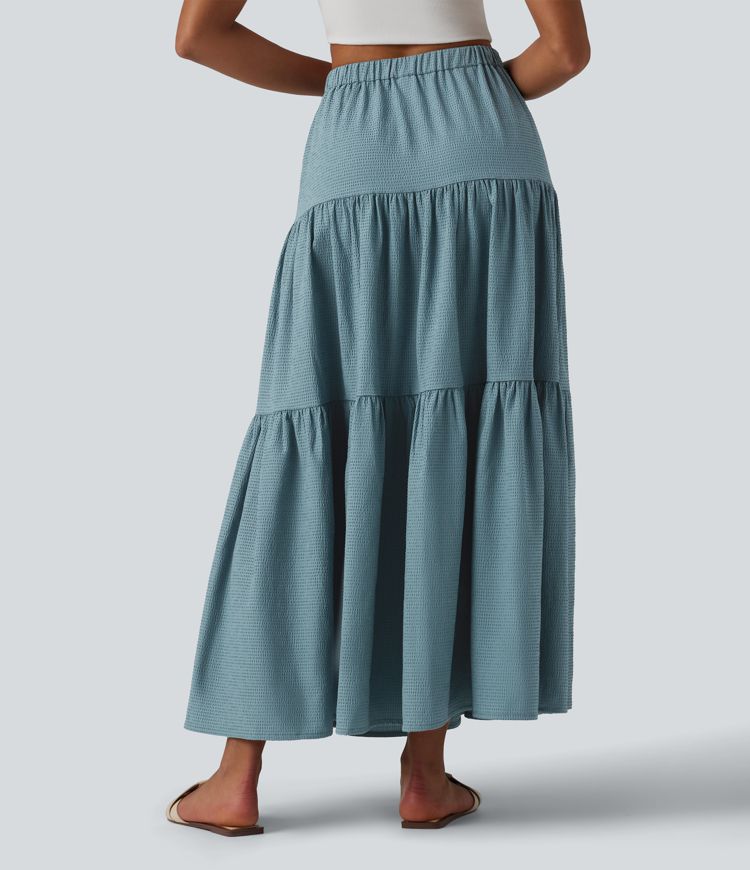 High Waisted Drawstring Flowy Maxi Skirt with Pocket