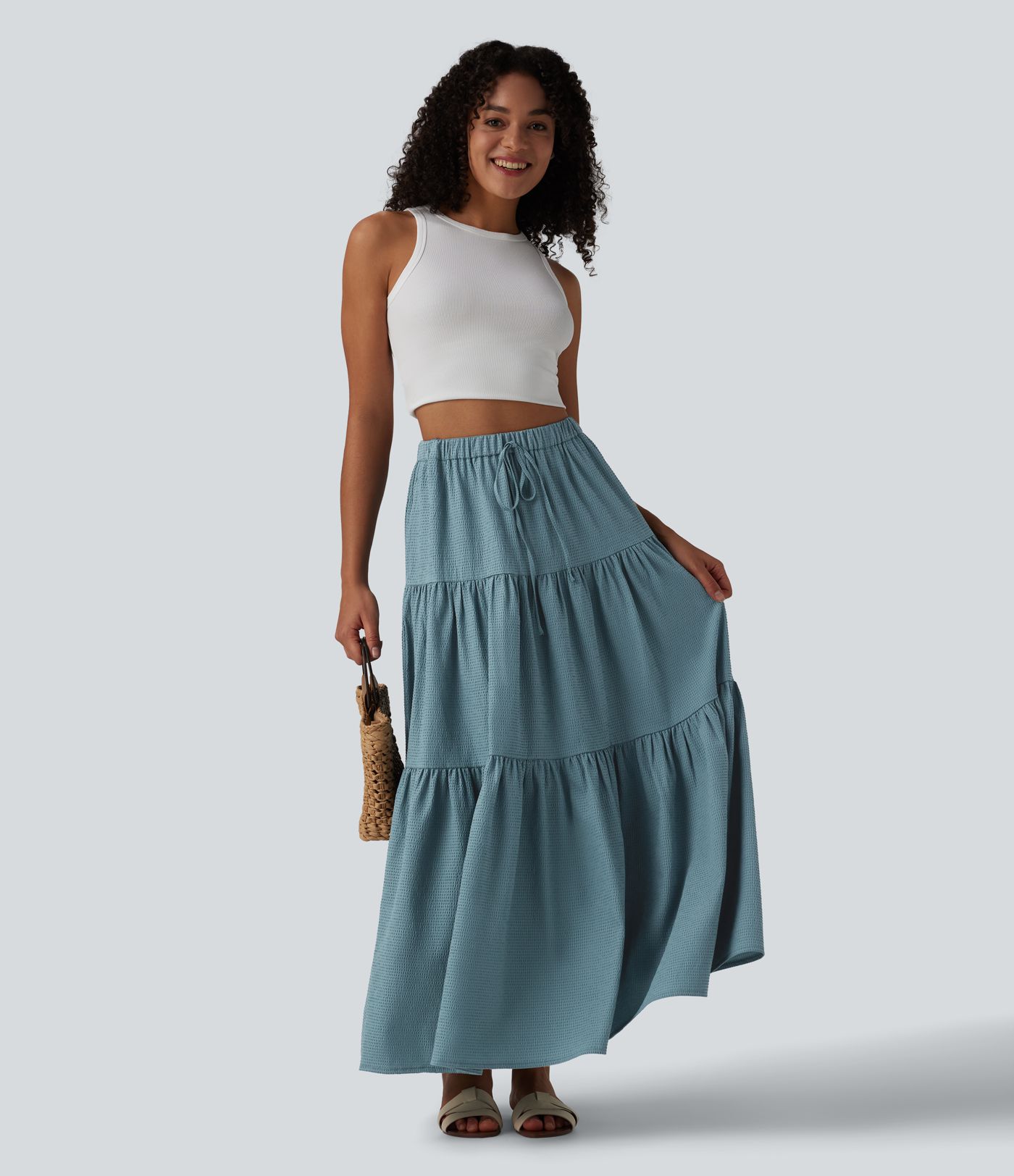 High Waisted Drawstring Flowy Maxi Skirt with Pocket