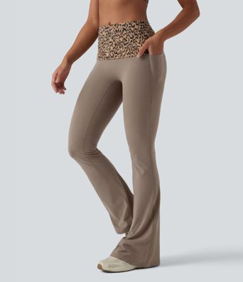 Halara UltraSculpt™ leggings de yoga bootcut de talle medio con estampado de leopardo, cintura plegable y bolsillos