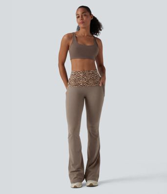 Halara UltraSculpt™ leggings de yoga bootcut de talle medio con estampado de leopardo, cintura plegable y bolsillos