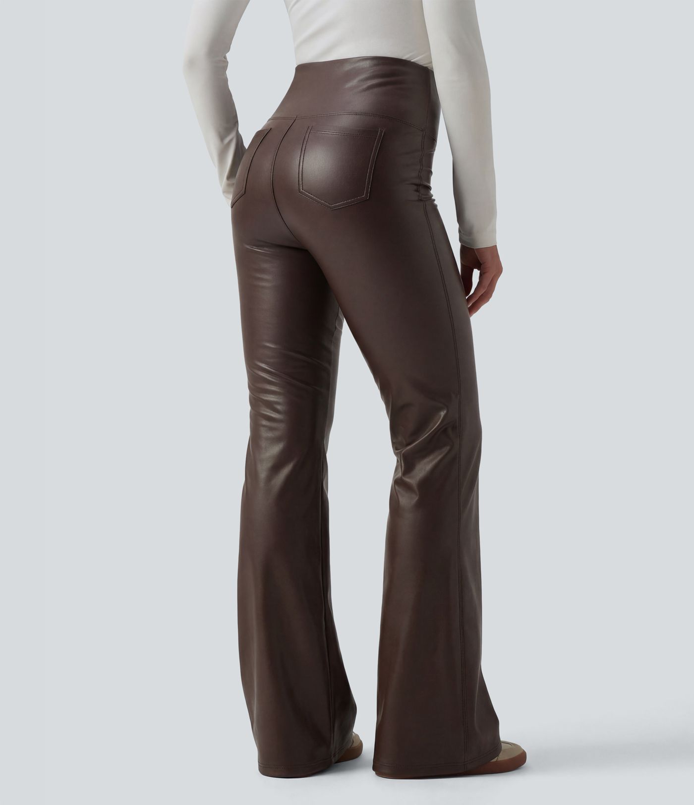 High Waisted Tummy Control Stretchy PU Fleece Flare Casual Trousers with Pockets