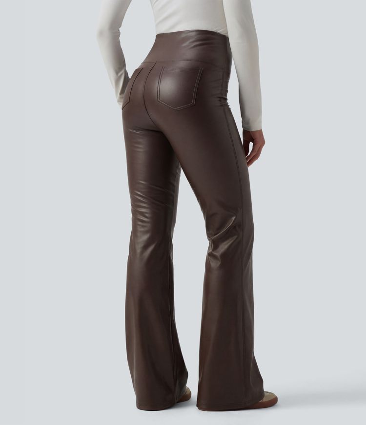 High Waisted Tummy Control Stretchy PU Fleece Flare Casual Trousers with Pockets