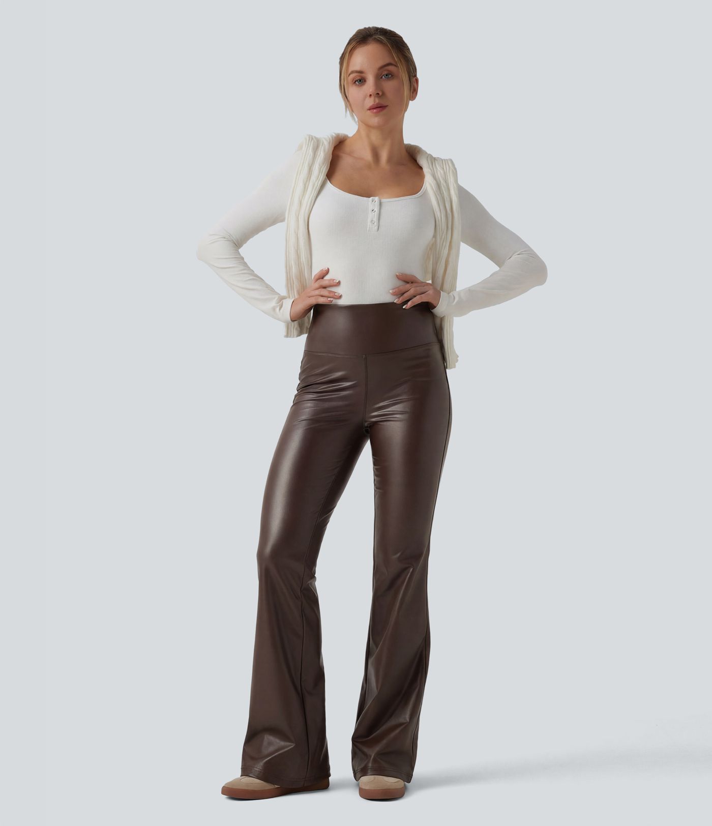 High Waisted Tummy Control Stretchy PU Fleece Flare Casual Trousers with Pockets