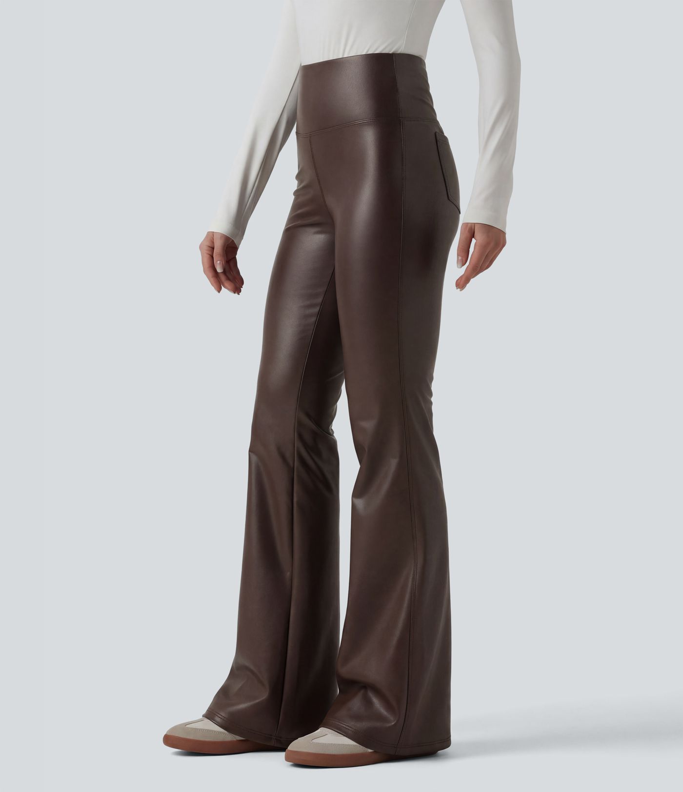 High Waisted Tummy Control Stretchy PU Fleece Flare Casual Trousers with Pockets