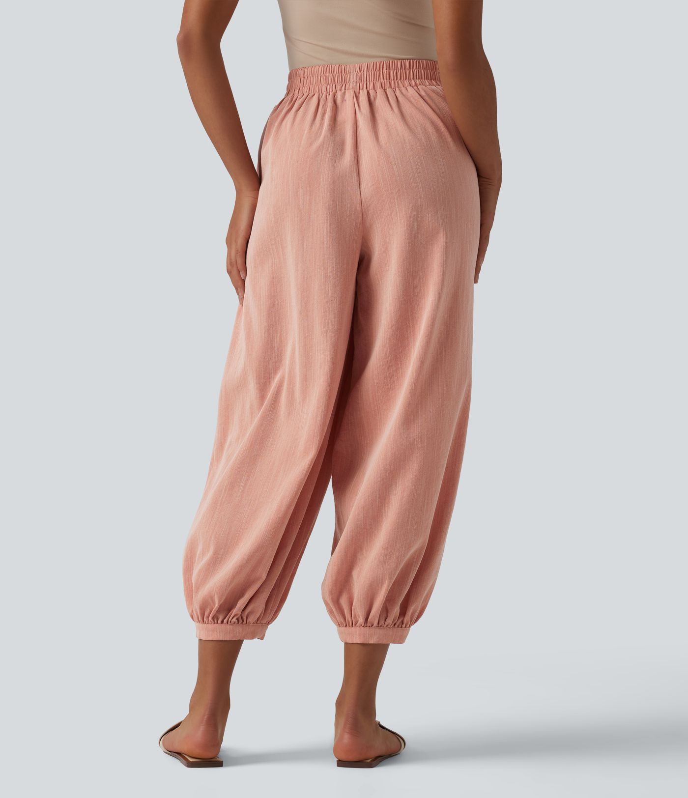 High Waisted Barrel Leg Casual Linen-Feel Pants with Pockets