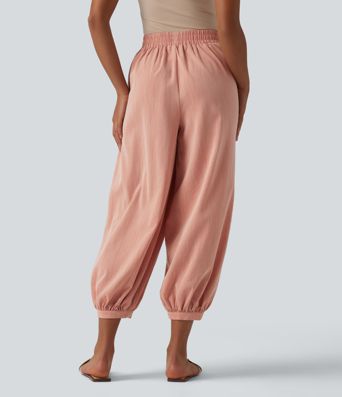 High Waisted Barrel Leg Casual Linen-Feel Pants with Pockets