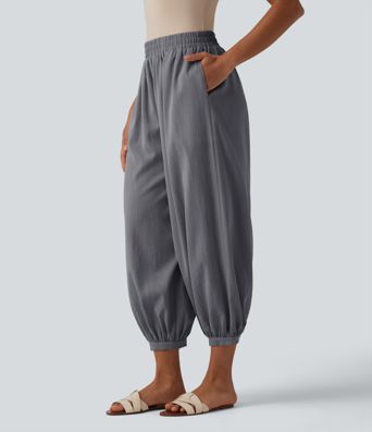High Waisted Barrel Leg Casual Linen-Feel Trousers with Pockets High Waisted Barrel Leg Casual Linen-Feel Trousers with Pockets