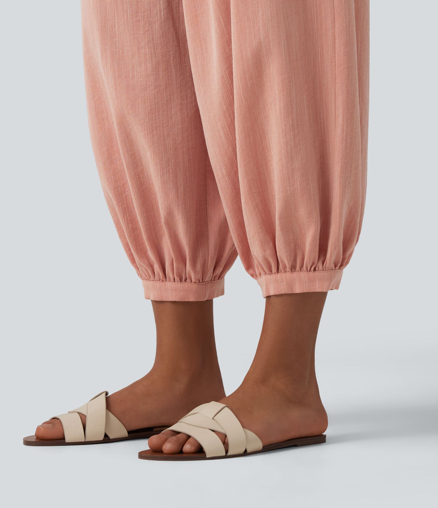 High Waisted Barrel Leg Casual Linen-Feel Pants with Pockets