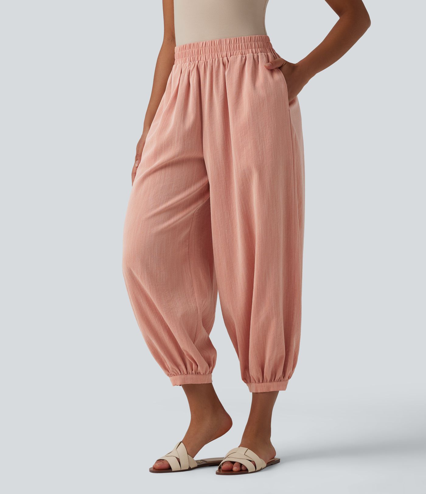 High Waisted Barrel Leg Casual Linen-Feel Pants with Pockets
