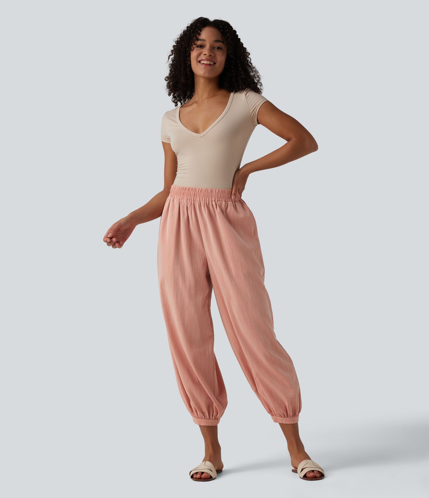 High Waisted Barrel Leg Casual Linen-Feel Pants with Pockets