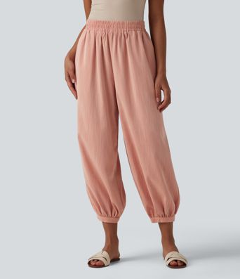 High Waisted Barrel Leg Casual Linen-Feel Pants with Pockets