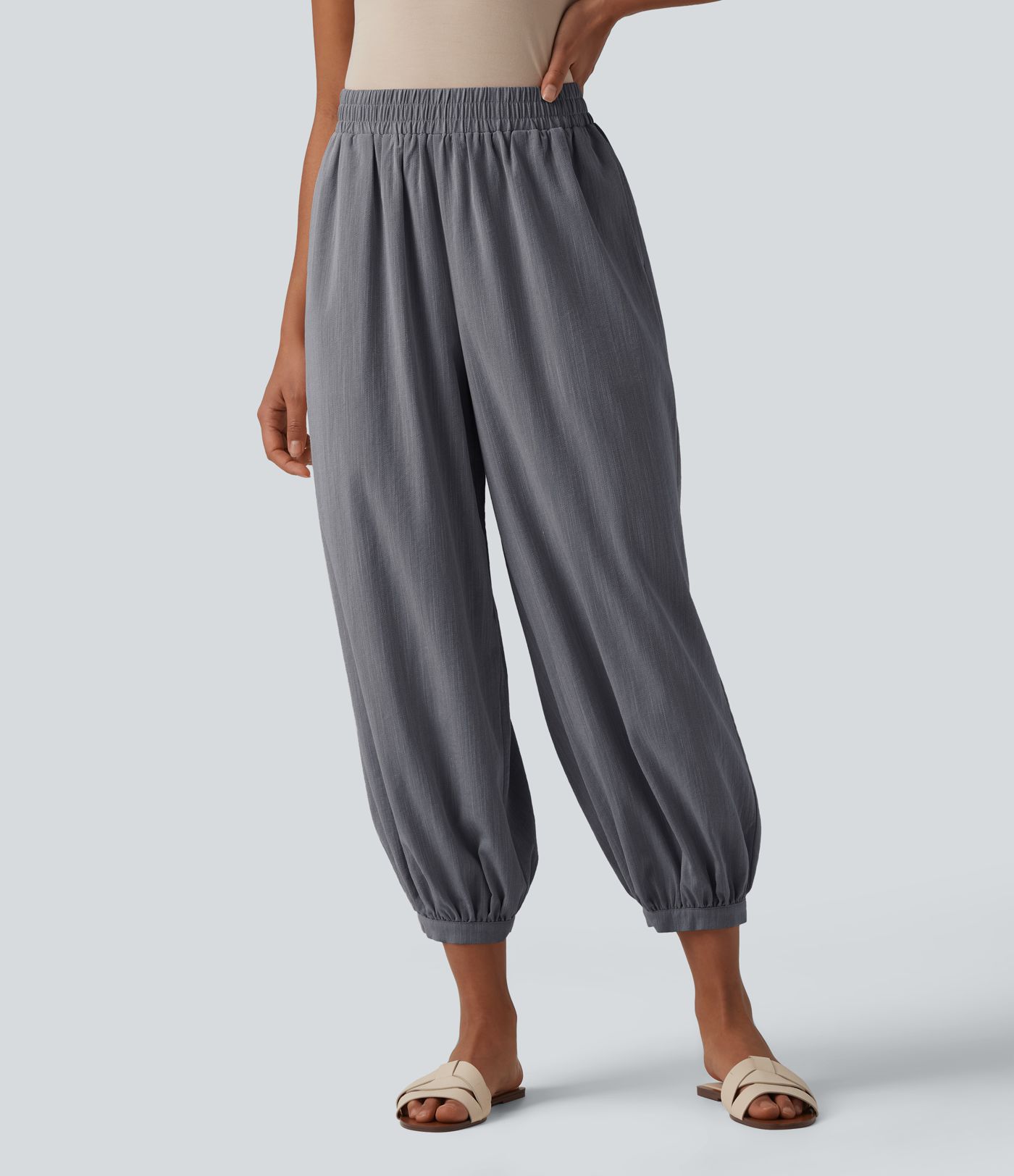 High Waisted Barrel Leg Casual Linen-Feel Trousers with Pockets High Waisted Barrel Leg Casual Linen-Feel Trousers with Pockets