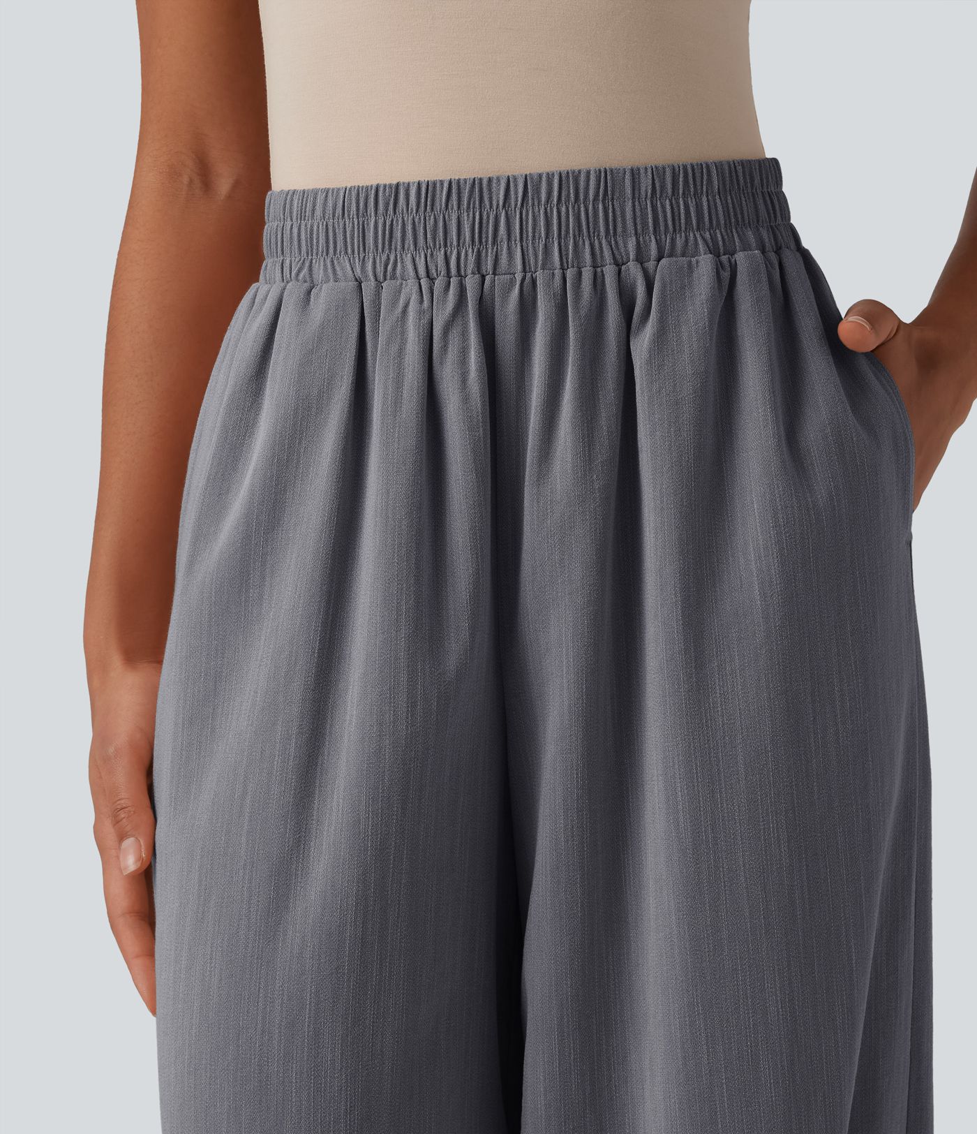 High Waisted Barrel Leg Casual Linen-Feel Trousers with Pockets High Waisted Barrel Leg Casual Linen-Feel Trousers with Pockets