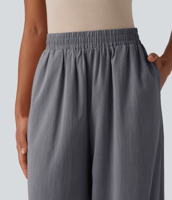 High Waisted Barrel Leg Casual Linen-Feel Trousers with Pockets High Waisted Barrel Leg Casual Linen-Feel Trousers with Pockets