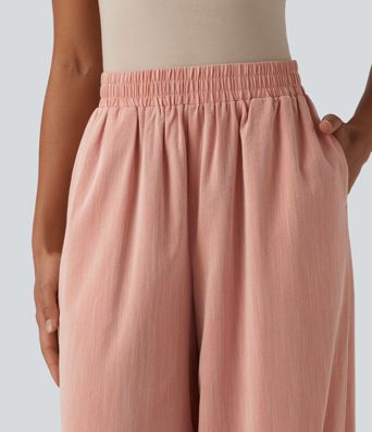 High Waisted Barrel Leg Casual Linen-Feel Pants with Pockets