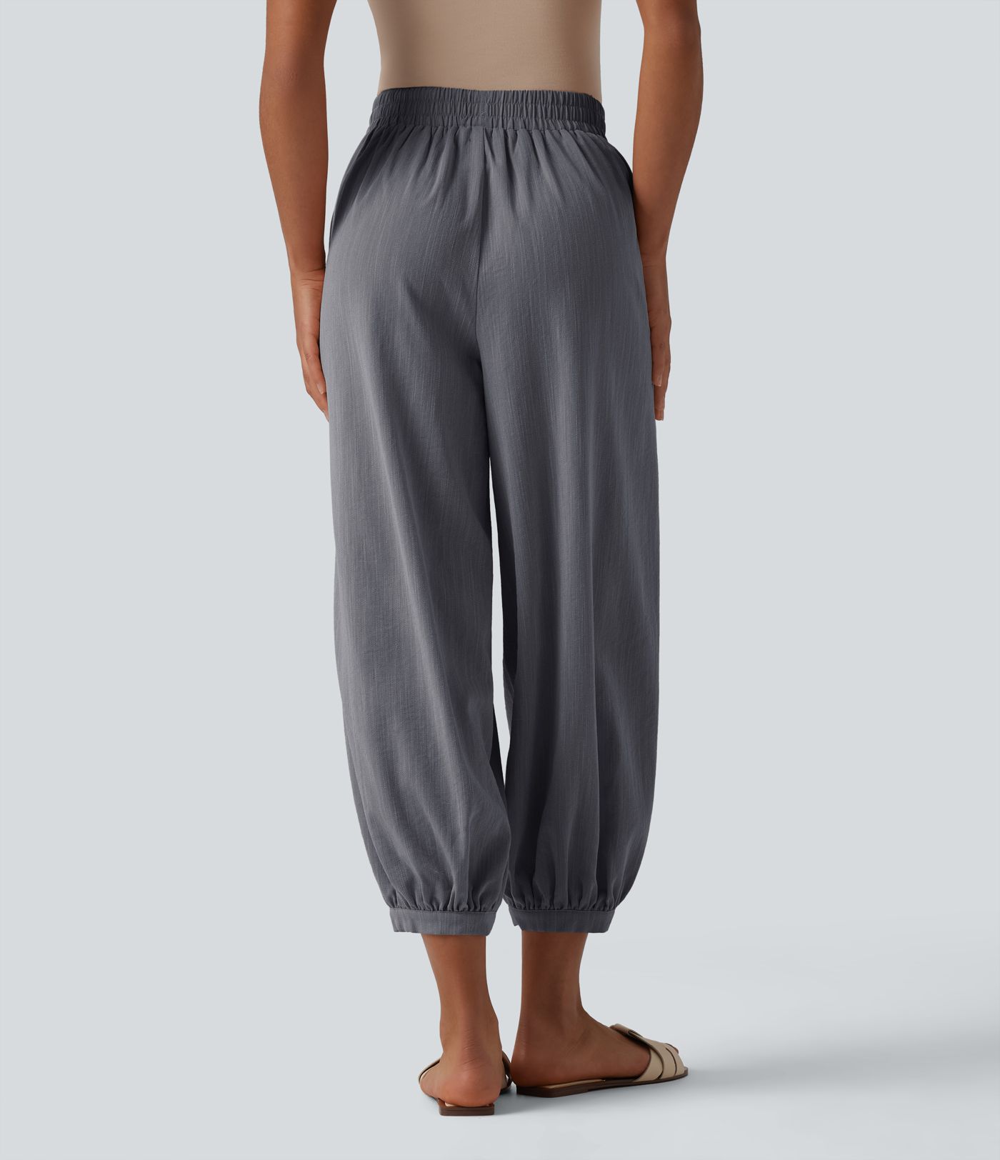 High Waisted Barrel Leg Casual Linen-Feel Trousers with Pockets High Waisted Barrel Leg Casual Linen-Feel Trousers with Pockets
