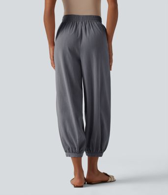 High Waisted Barrel Leg Casual Linen-Feel Trousers with Pockets High Waisted Barrel Leg Casual Linen-Feel Trousers with Pockets