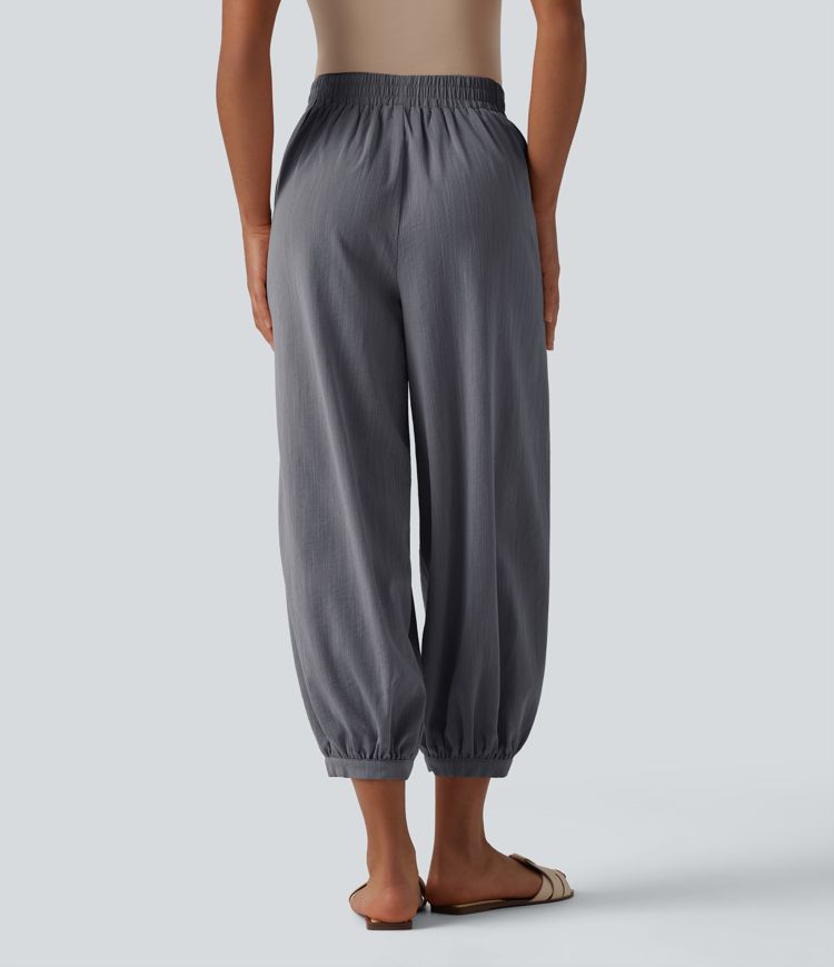 High Waisted Barrel Leg Casual Linen-Feel Trousers with Pockets High Waisted Barrel Leg Casual Linen-Feel Trousers with Pockets