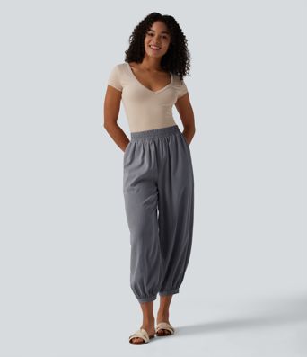 High Waisted Barrel Leg Casual Linen-Feel Trousers with Pockets High Waisted Barrel Leg Casual Linen-Feel Trousers with Pockets