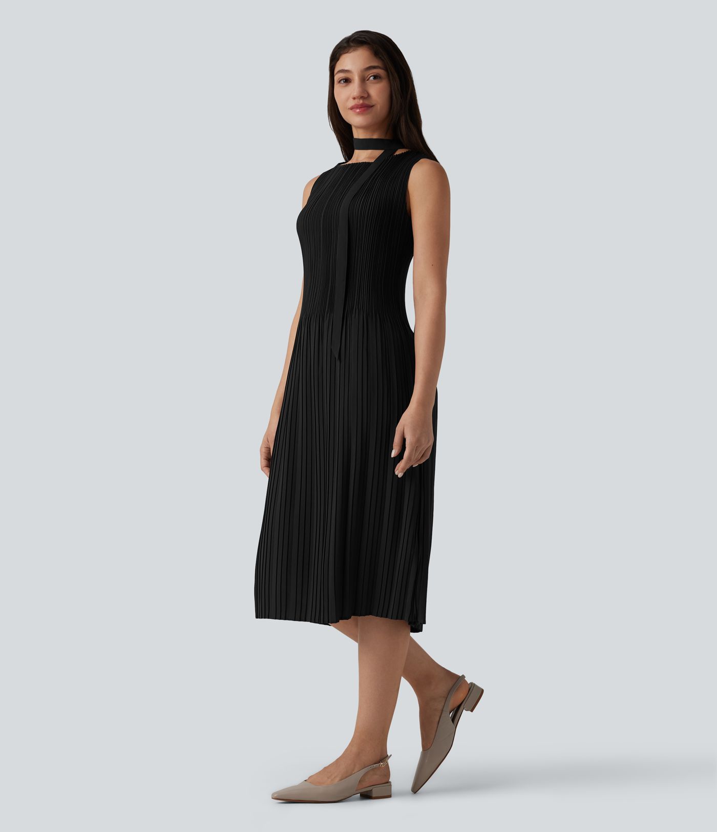 Boat Neck Sleeveless Belted Plisse Midi Work Dress