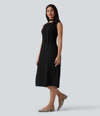 Boat Neck Sleeveless Belted Plisse Midi Work Dress