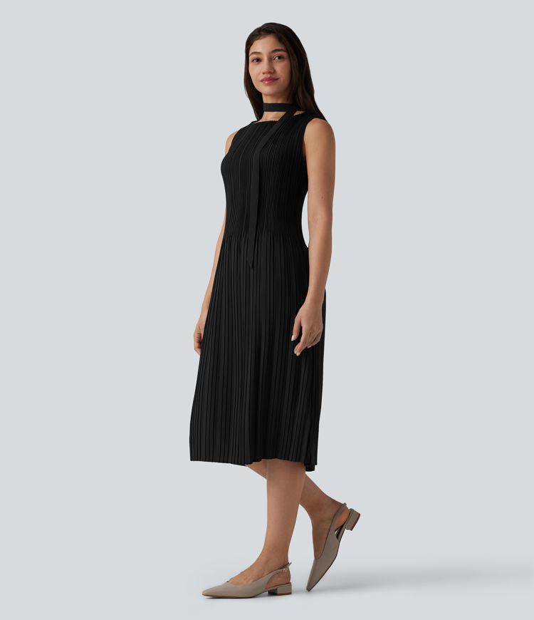 Boat Neck Sleeveless Belted Plisse Midi Work Dress