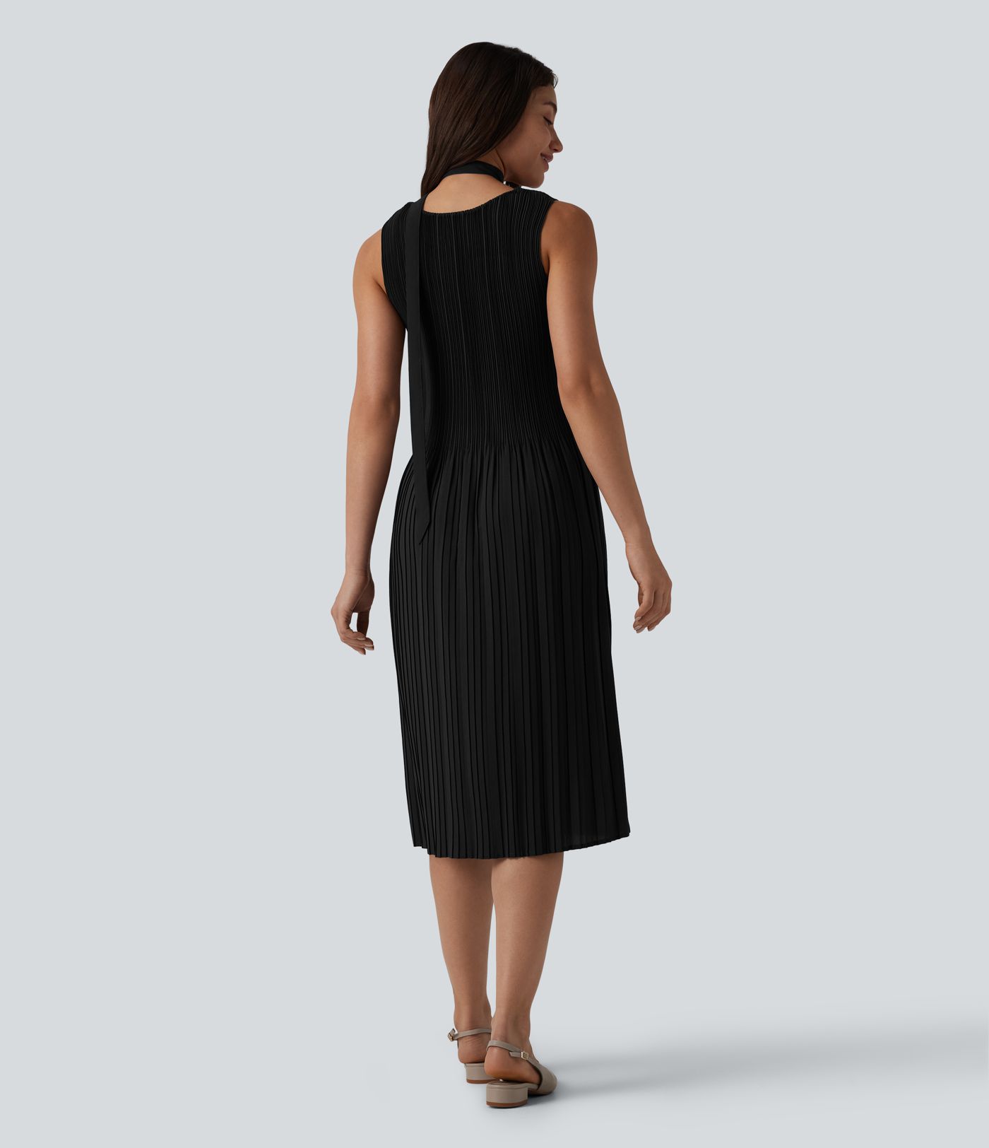 Boat Neck Sleeveless Belted Plisse Midi Work Dress