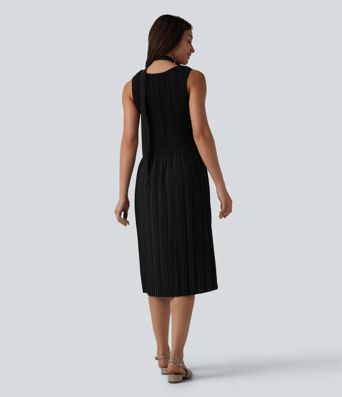 Boat Neck Sleeveless Belted Plisse Midi Work Dress