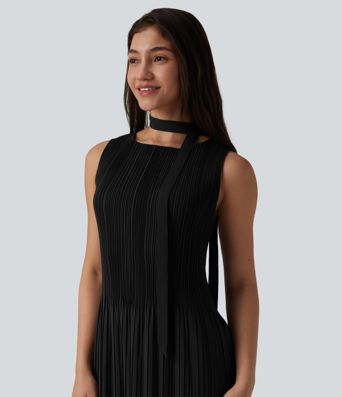 Boat Neck Sleeveless Belted Plisse Midi Work Dress