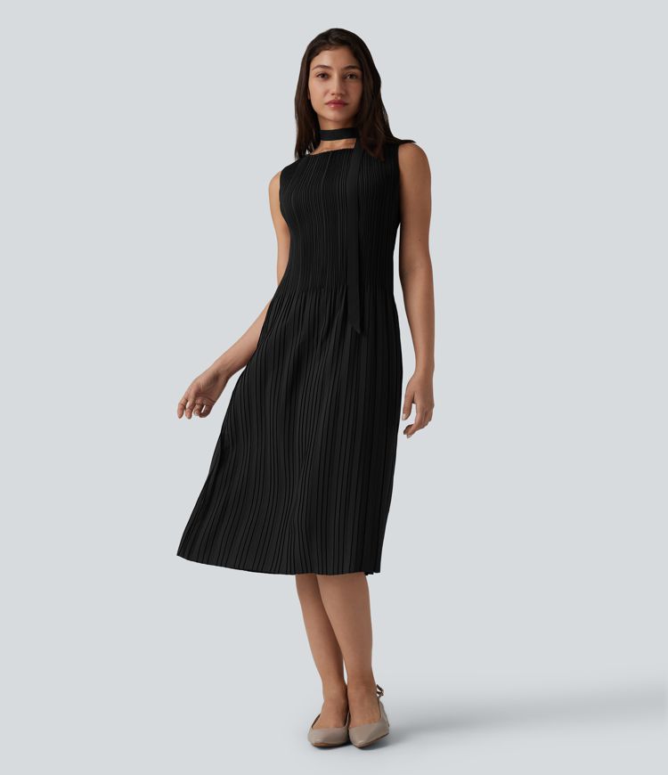 Boat Neck Sleeveless Belted Plisse Midi Work Dress