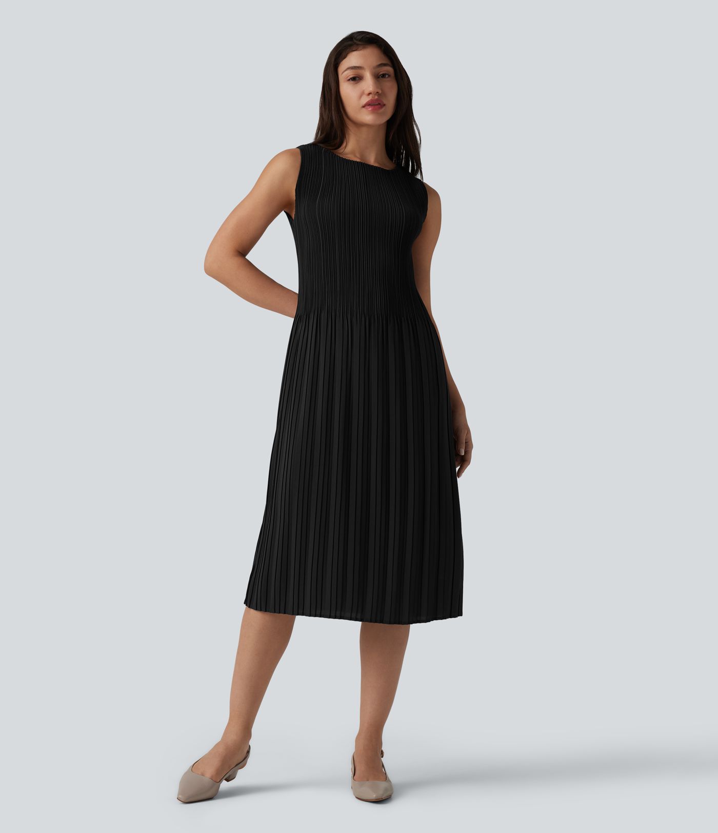 Boat Neck Sleeveless Belted Plisse Midi Work Dress