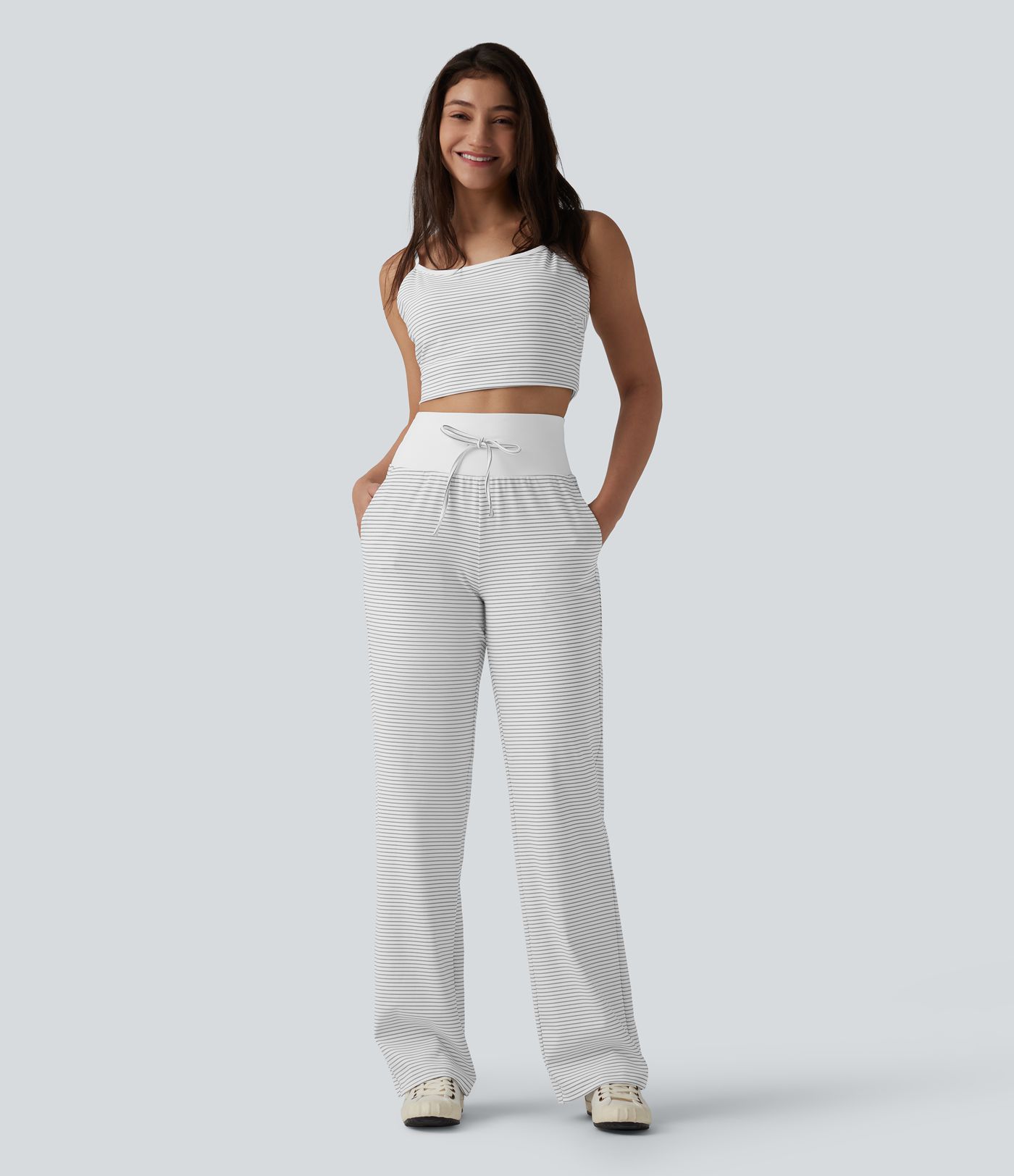 High Waisted Tummy Control Drawstring Straight Leg Stripe Casual Pants with Pockets