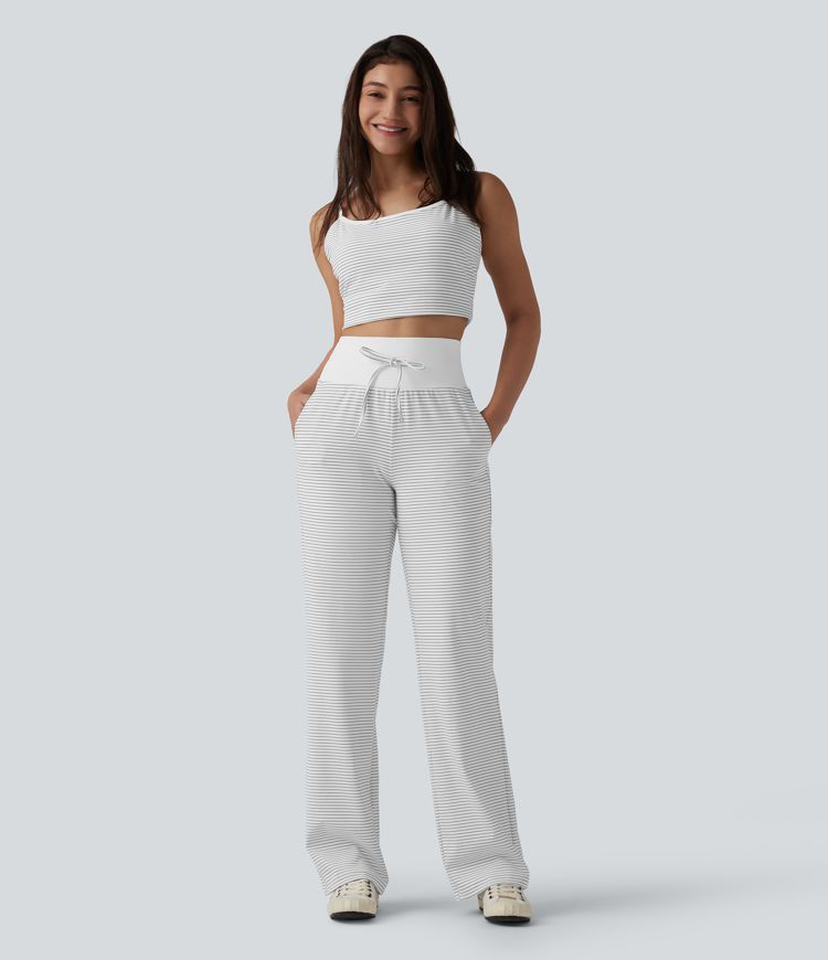 High Waisted Tummy Control Drawstring Straight Leg Stripe Casual Pants with Pockets