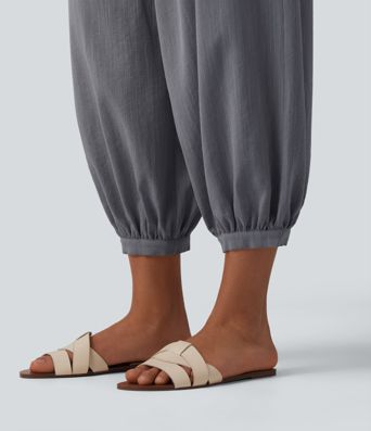 High Waisted Barrel Leg Casual Linen-Feel Trousers with Pockets High Waisted Barrel Leg Casual Linen-Feel Trousers with Pockets