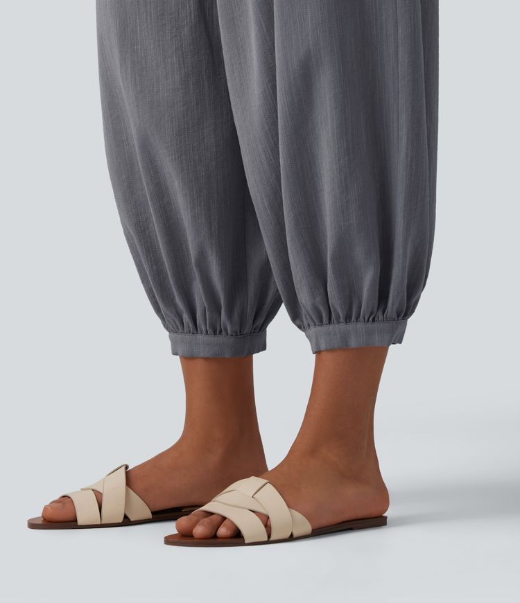 High Waisted Barrel Leg Casual Linen-Feel Trousers with Pockets High Waisted Barrel Leg Casual Linen-Feel Trousers with Pockets