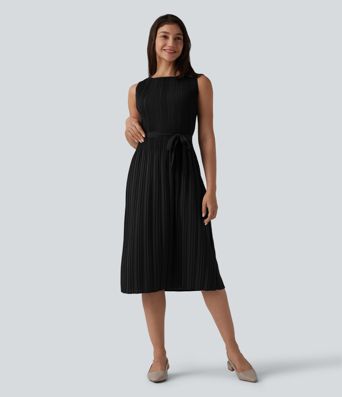 Boat Neck Sleeveless Belted Plisse Midi Work Dress