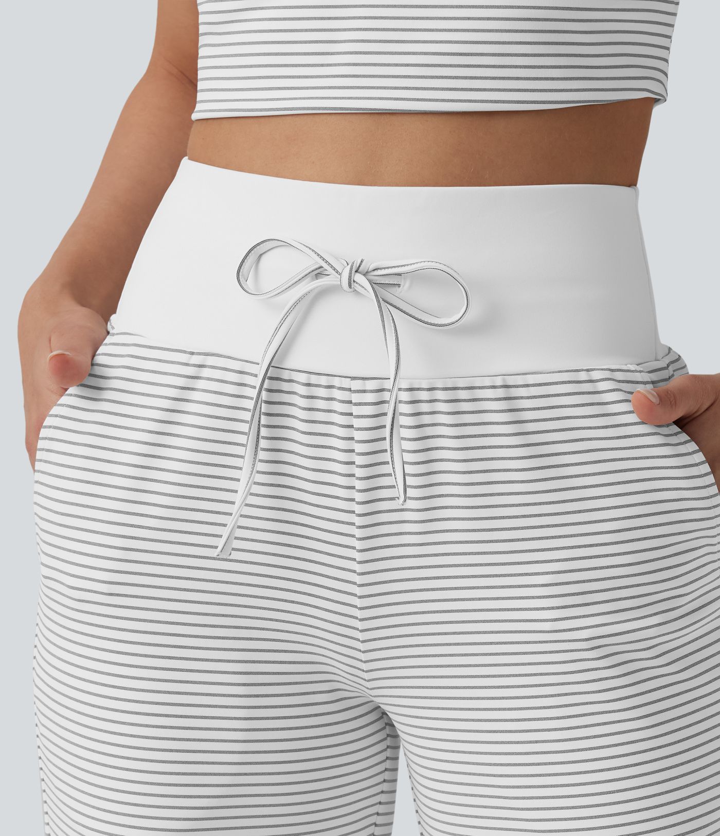 High Waisted Tummy Control Drawstring Straight Leg Stripe Casual Pants with Pockets