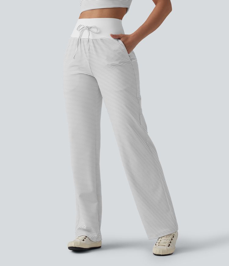 High Waisted Tummy Control Drawstring Straight Leg Stripe Casual Pants with Pockets