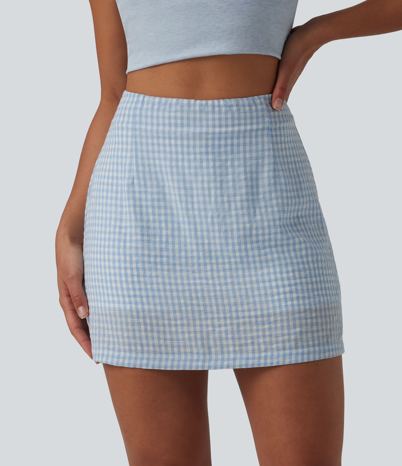 High Waisted 2-in-1 A Line Plaid Mini Casual Linen-Feel Skirt