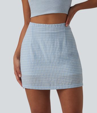 High Waisted 2-in-1 A Line Plaid Mini Casual Linen-Feel Skirt