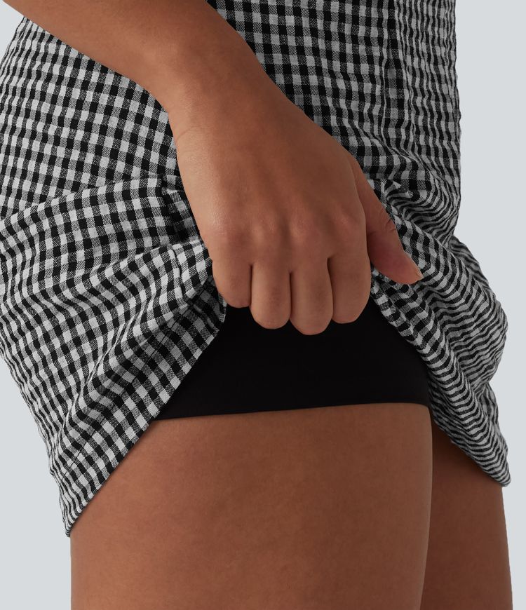 High Waisted 2-in-1 A Line Plaid Mini Casual Linen-Feel Skirt