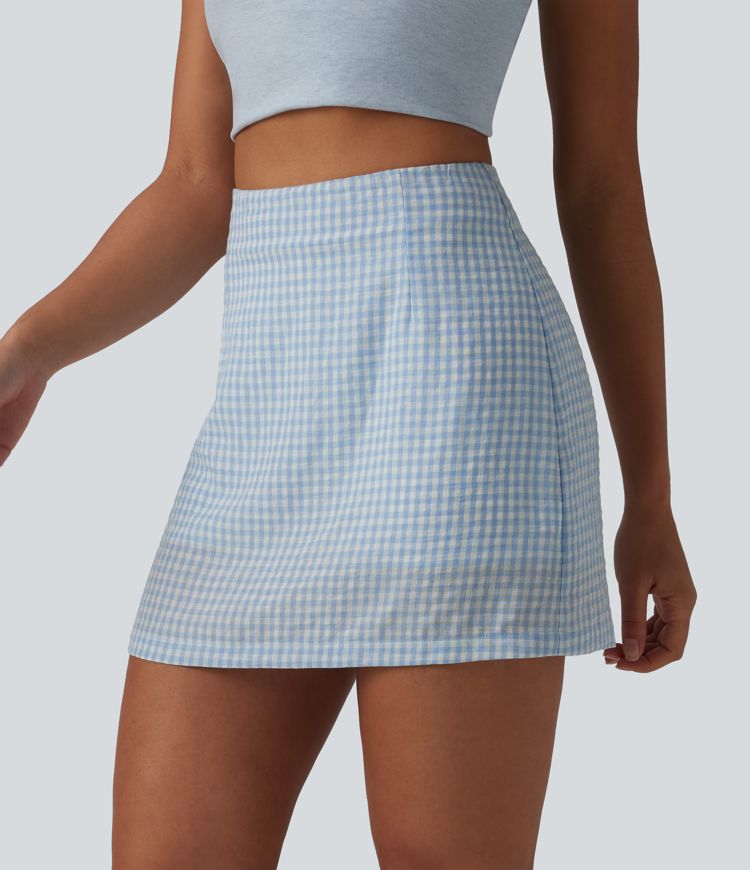 High Waisted 2-in-1 A Line Plaid Mini Casual Linen-Feel Skirt