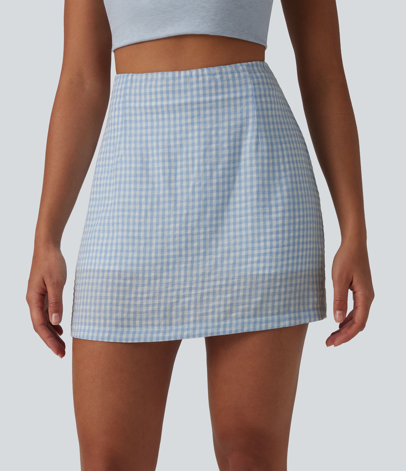 High Waisted 2-in-1 A Line Plaid Mini Casual Linen-Feel Skirt
